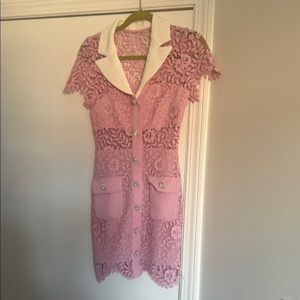 Self-Portrait Pink Lace Mini Dress with White Collar